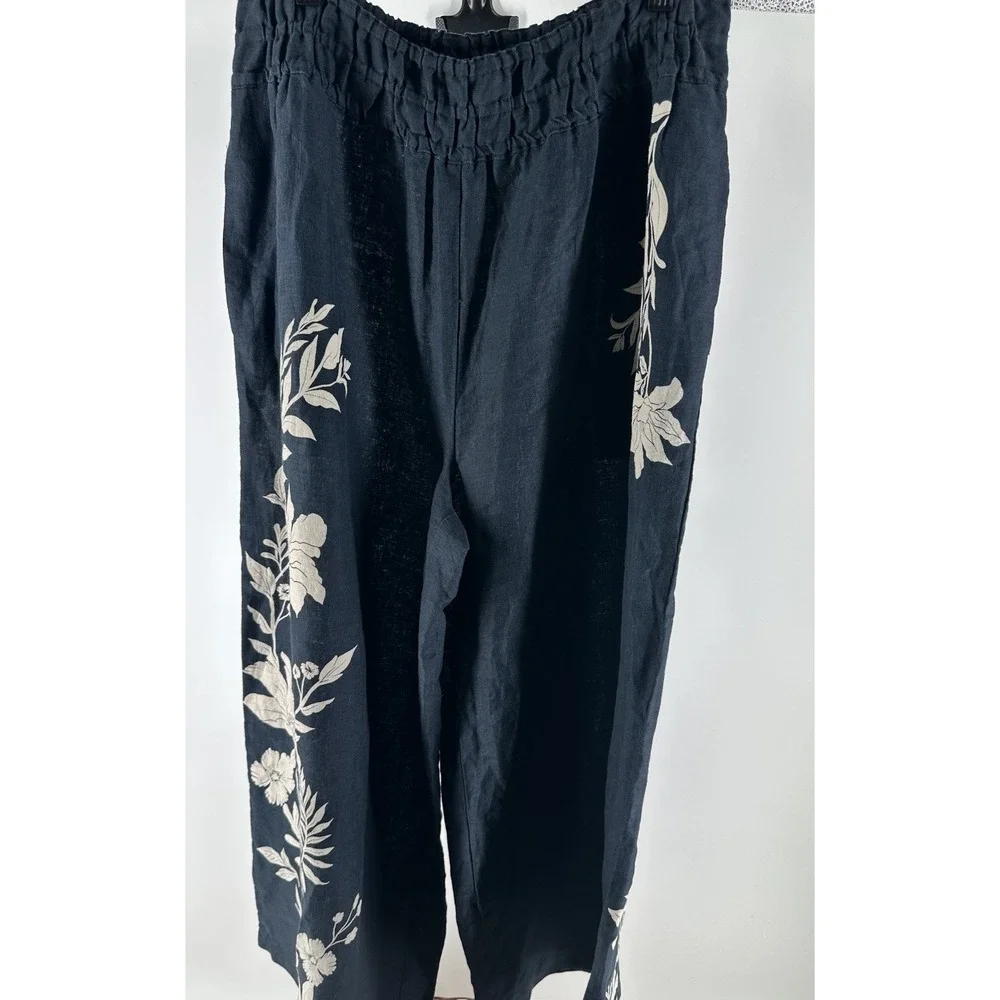 Anthropologie Somerset LINEN WIDE LEG Black Floral Pull-On Pants Cropped Sz M